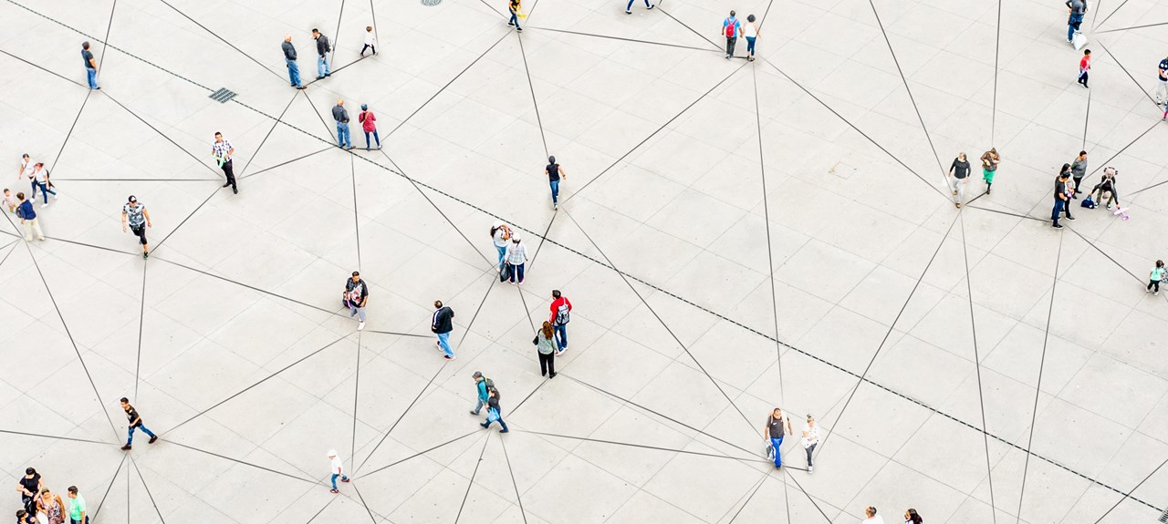 Aerial view of crowd connected by lines